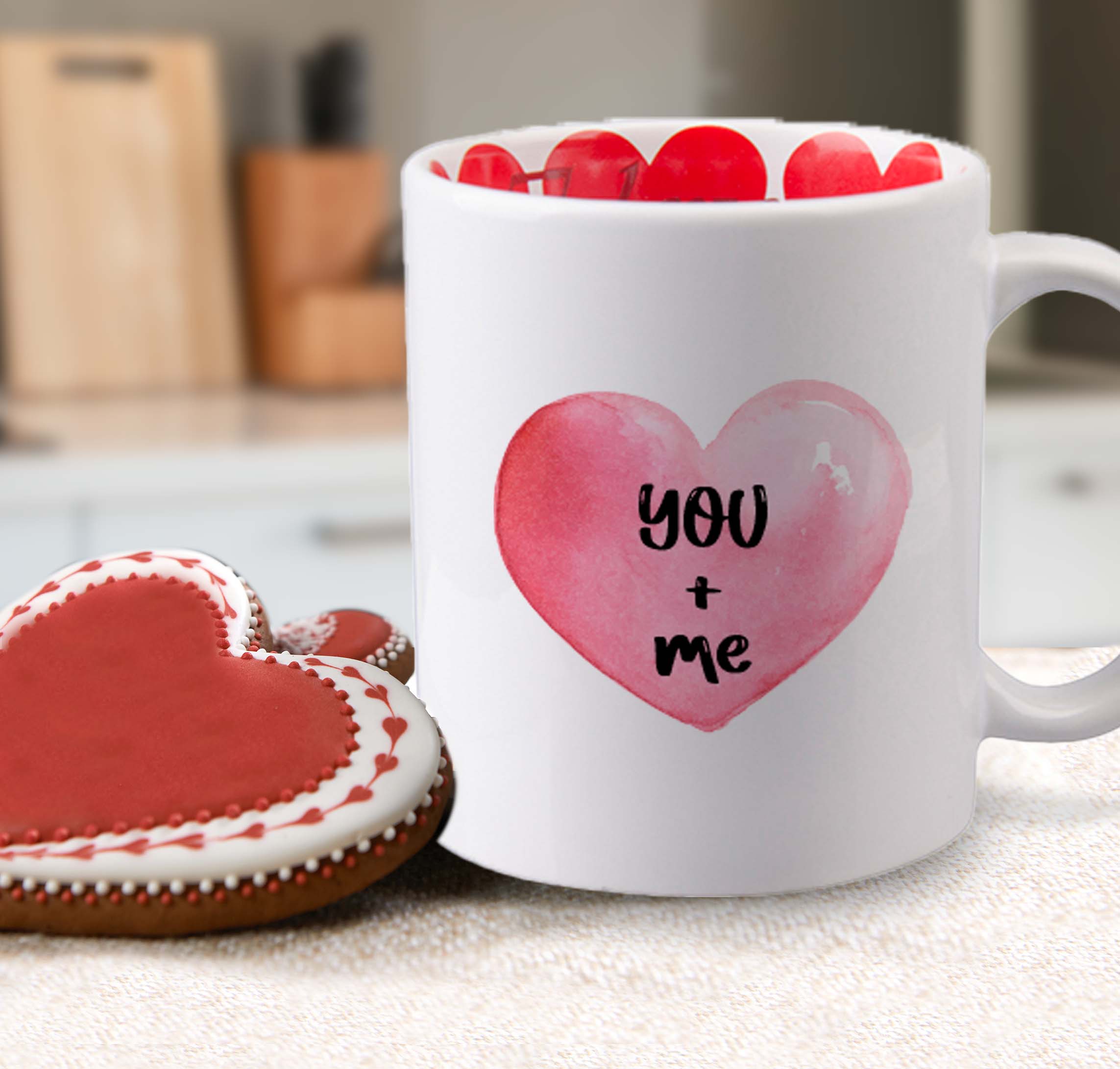 ceramic mug customized with you + me in a heart